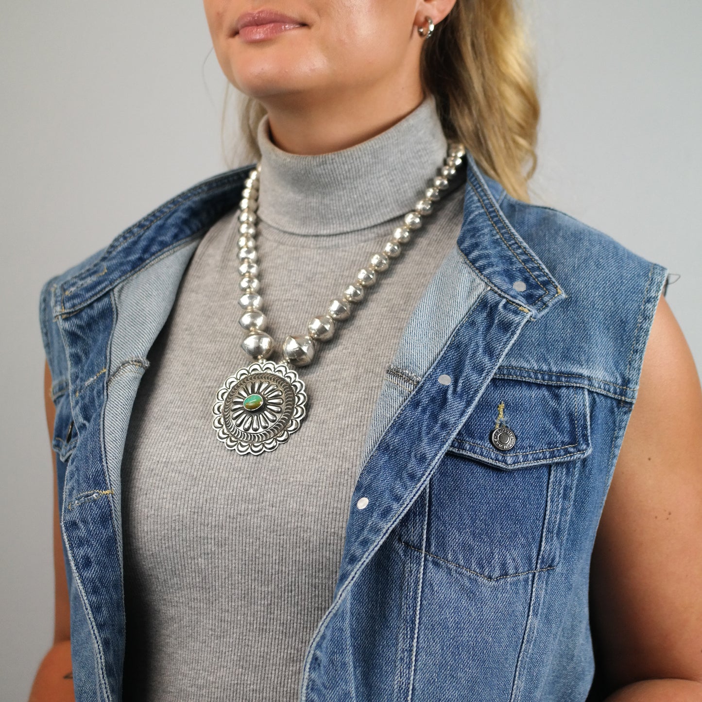 Vintage Navajo Thomas Charlie Turquoise Sterling Silver Beaded Necklace N2716