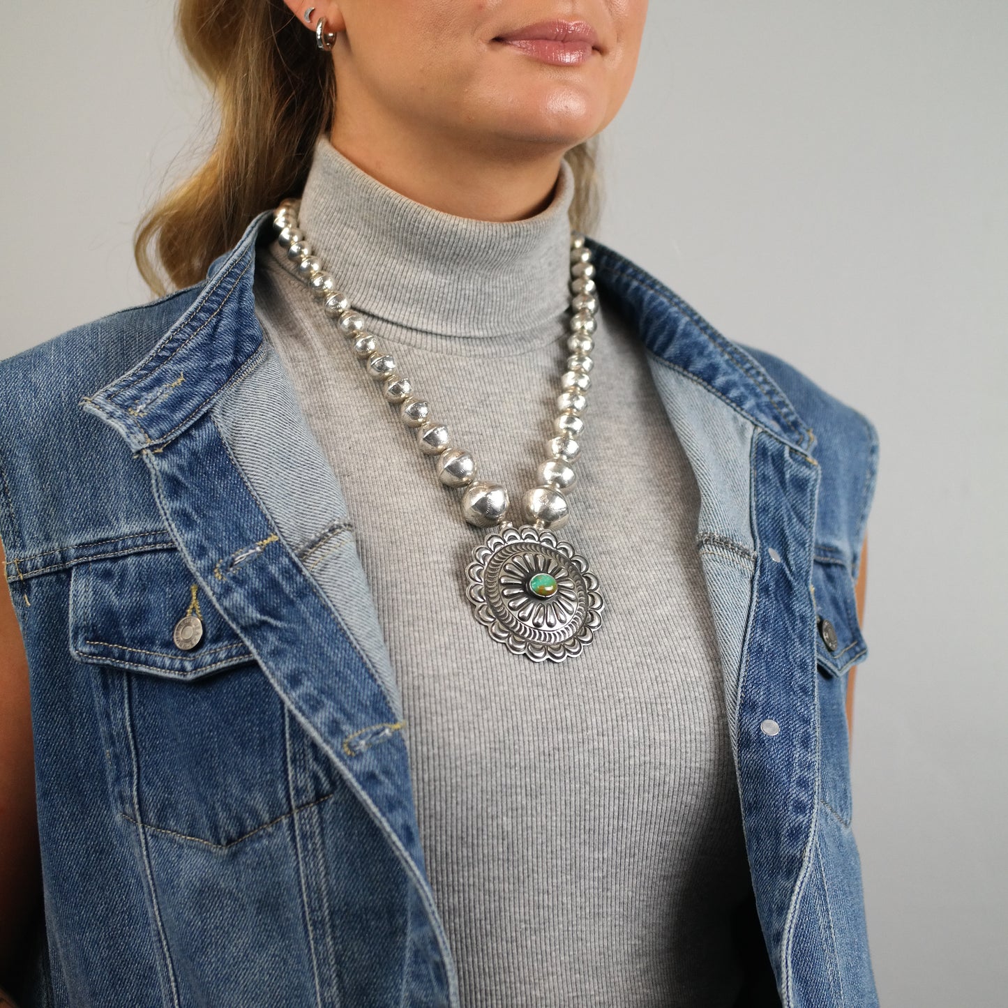 Vintage Navajo Thomas Charlie Turquoise Sterling Silver Beaded Necklace N2716