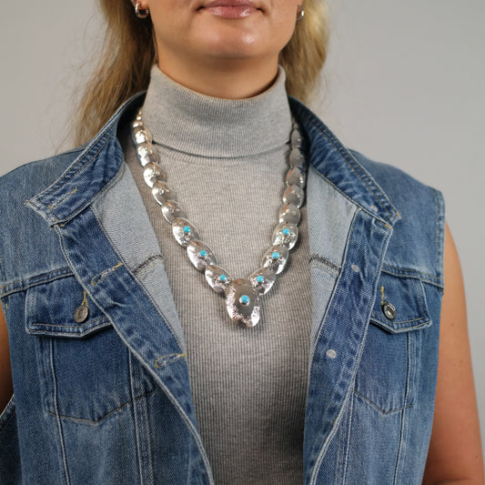 Vintage Native American Pillow Bead Turquoise Sterling Silver Necklace N2719