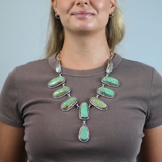 Vintage Navajo Green Kingman Turquoise Lariat Sterling Silver Necklace N2724