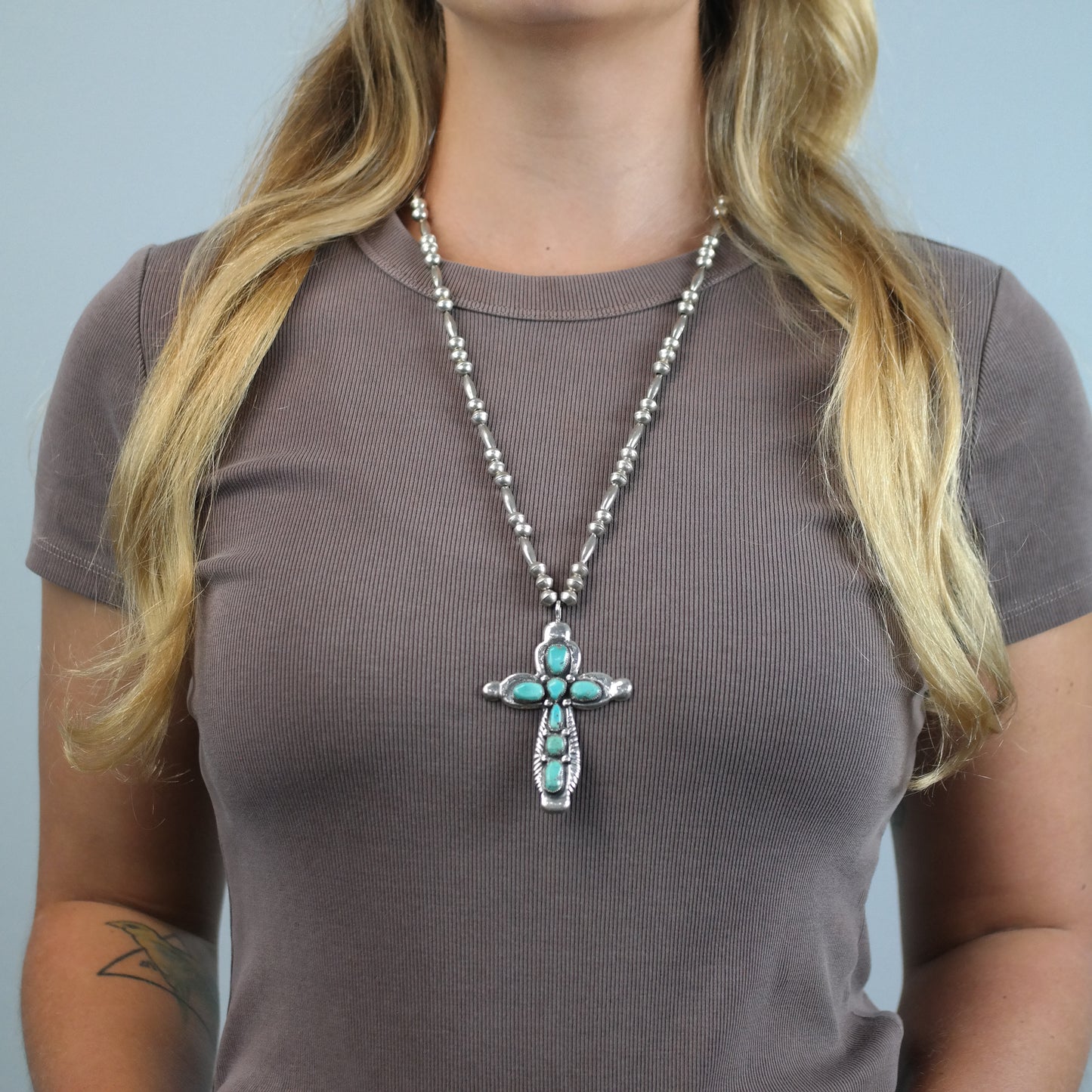 Vintage Zuni Native American Sterling Silver Turquoise Cross, Beaded Necklace N2696