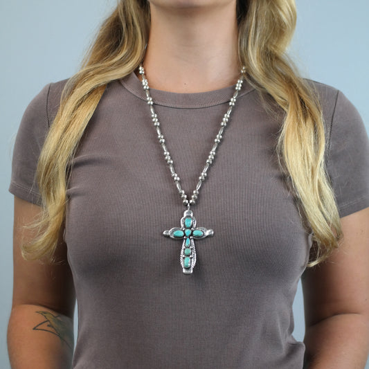 Vintage Zuni Native American Sterling Silver Turquoise Cross, Beaded Necklace N2696