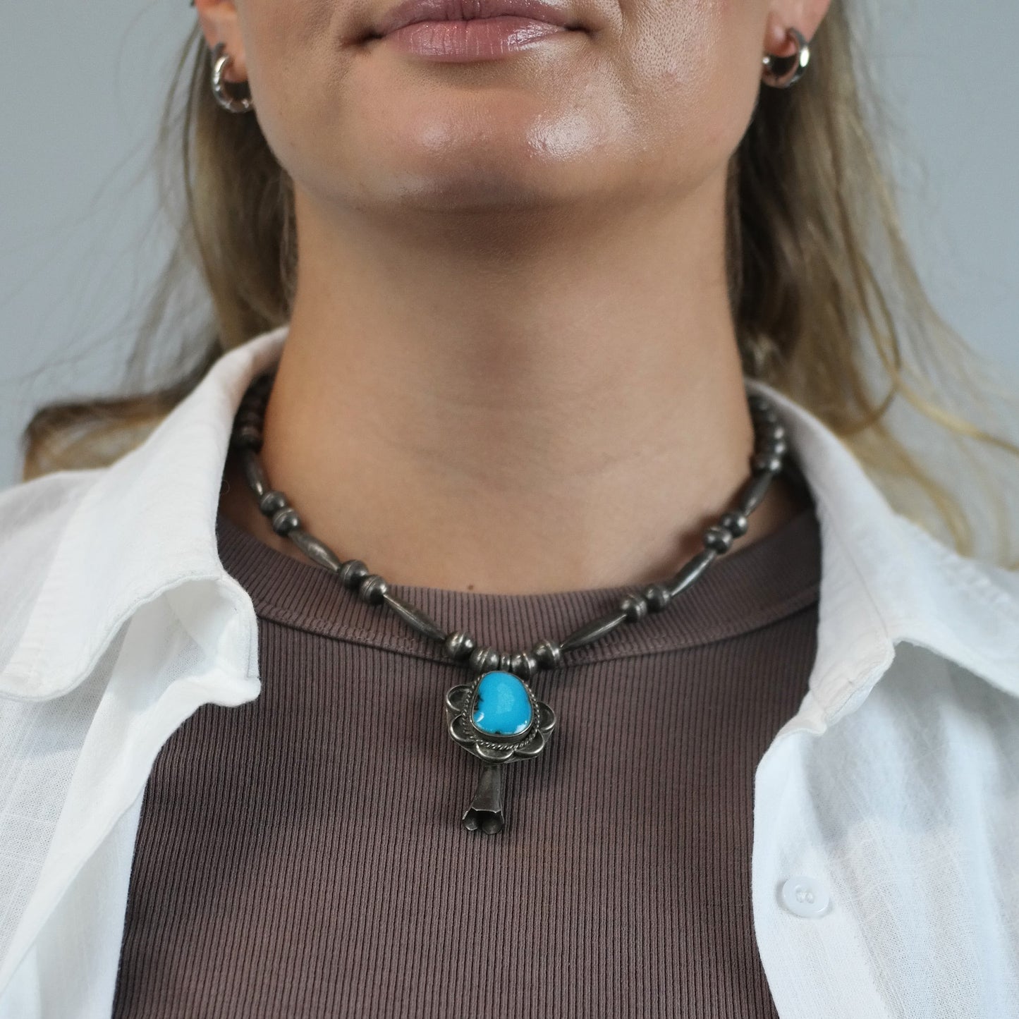 Vintage Native American, Sterling Silver Turquoise, Blossom Pendant, Beaded Necklace N2670