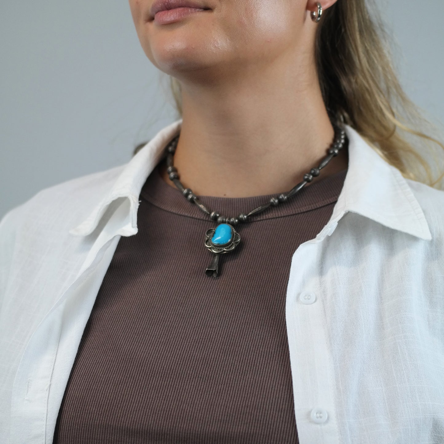 Vintage Native American, Sterling Silver Turquoise, Blossom Pendant, Beaded Necklace N2670
