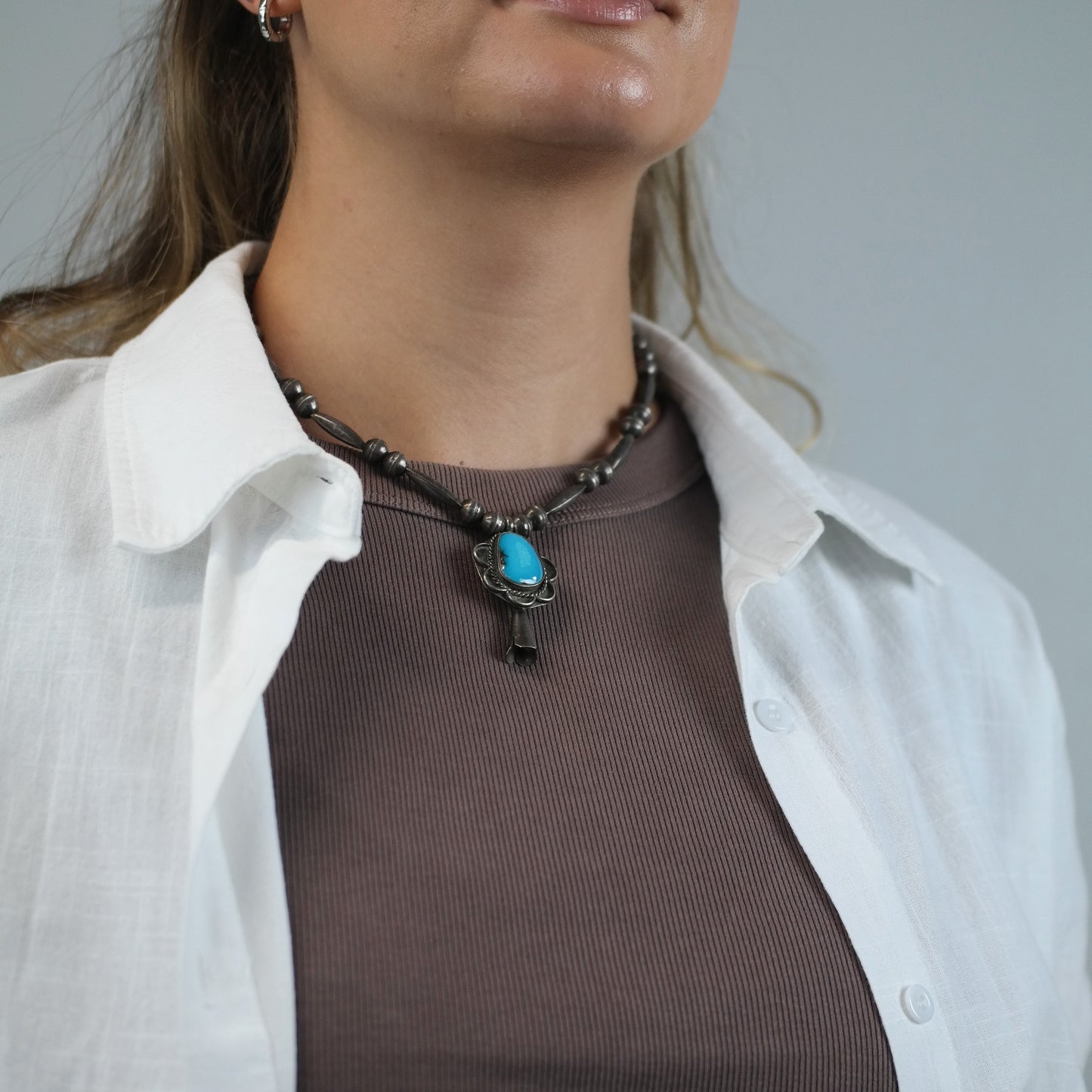 Vintage Native American, Sterling Silver Turquoise, Blossom Pendant, Beaded Necklace N2670