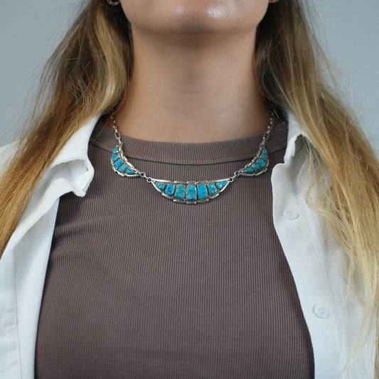 Vintage Zuni Quam Turquoise Sterling Silver Necklace N2723