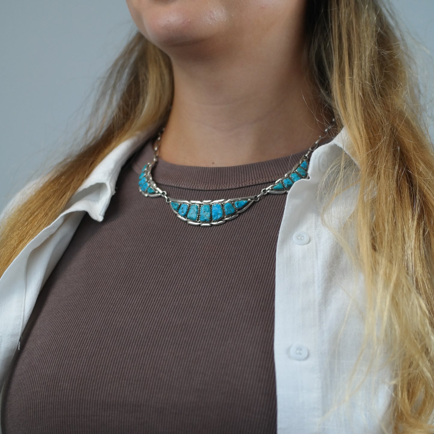 Vintage Zuni Quam Turquoise Sterling Silver Necklace N2723