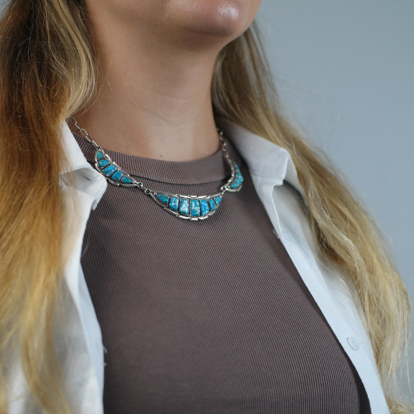 Vintage Zuni Quam Turquoise Sterling Silver Necklace N2723