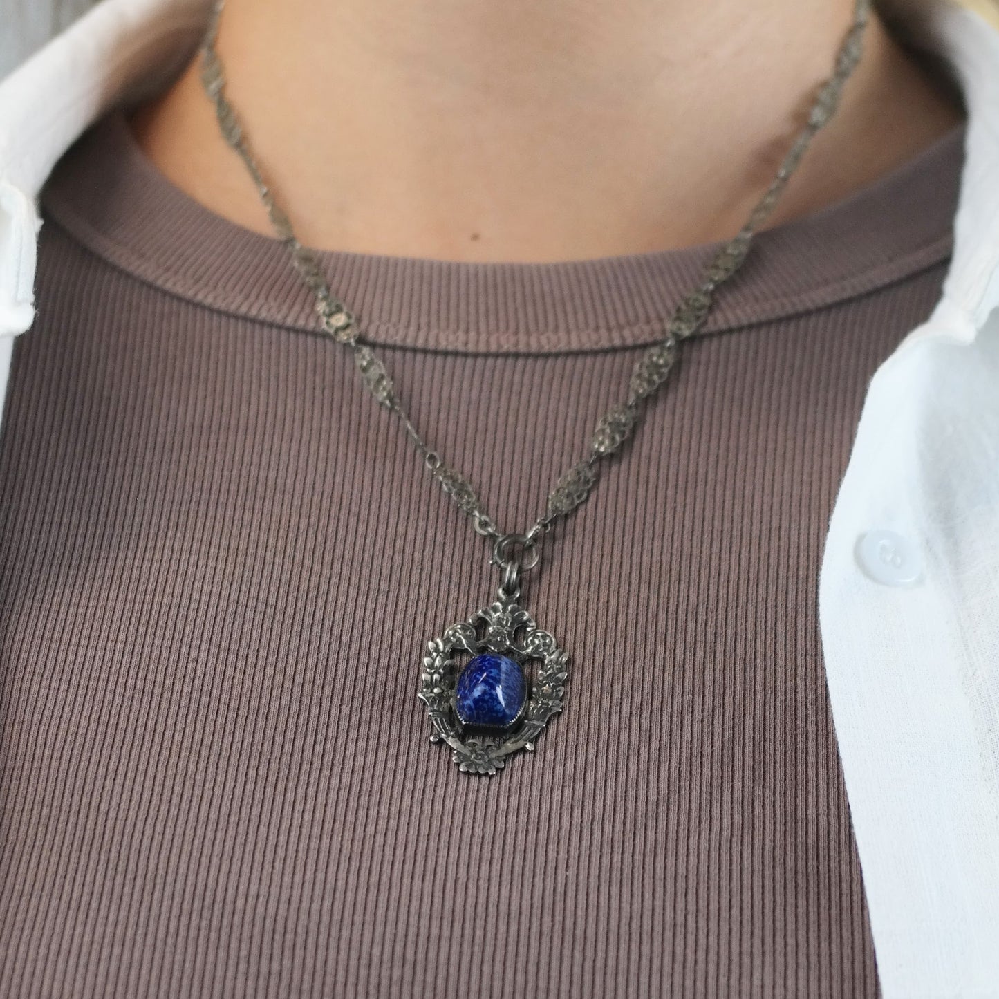 Blue Art Deco Glass, Sterling Silver Necklace N2710