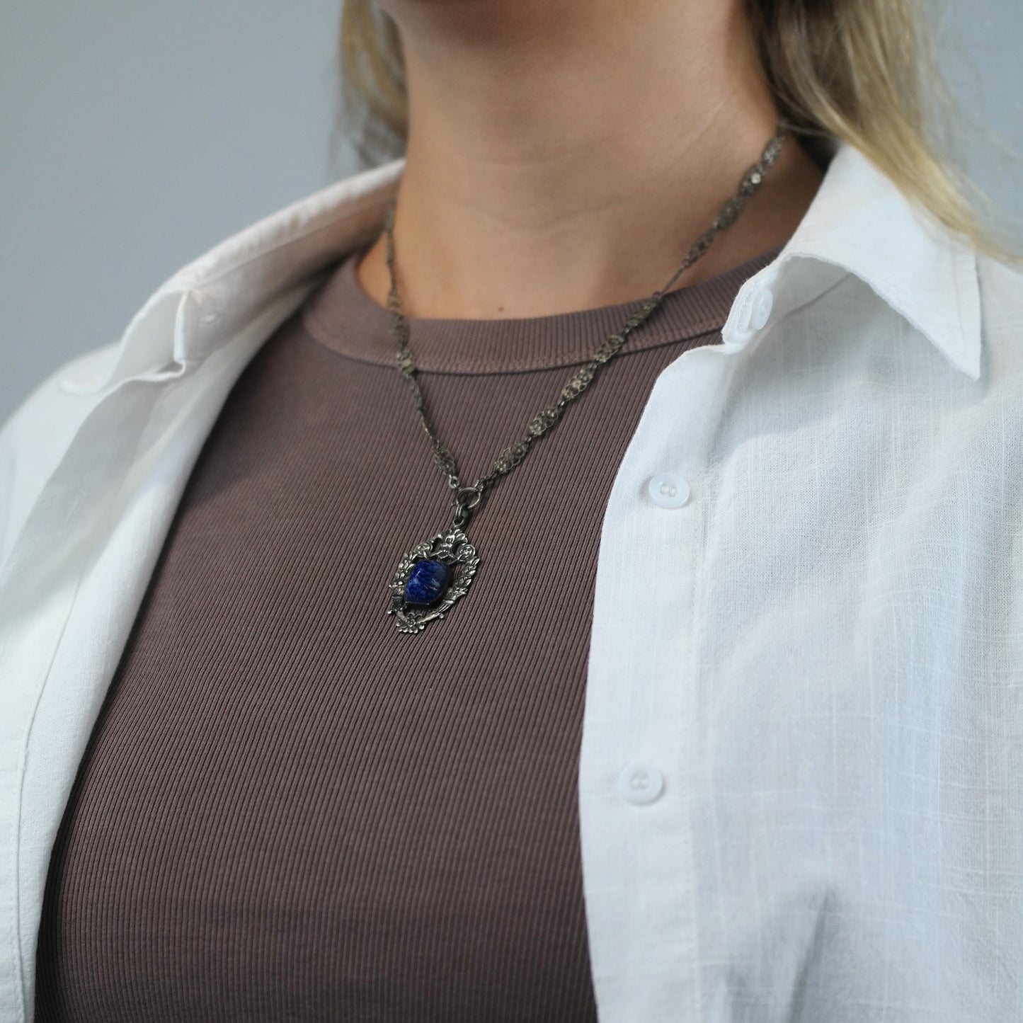 Blue Art Deco Glass, Sterling Silver Necklace N2710