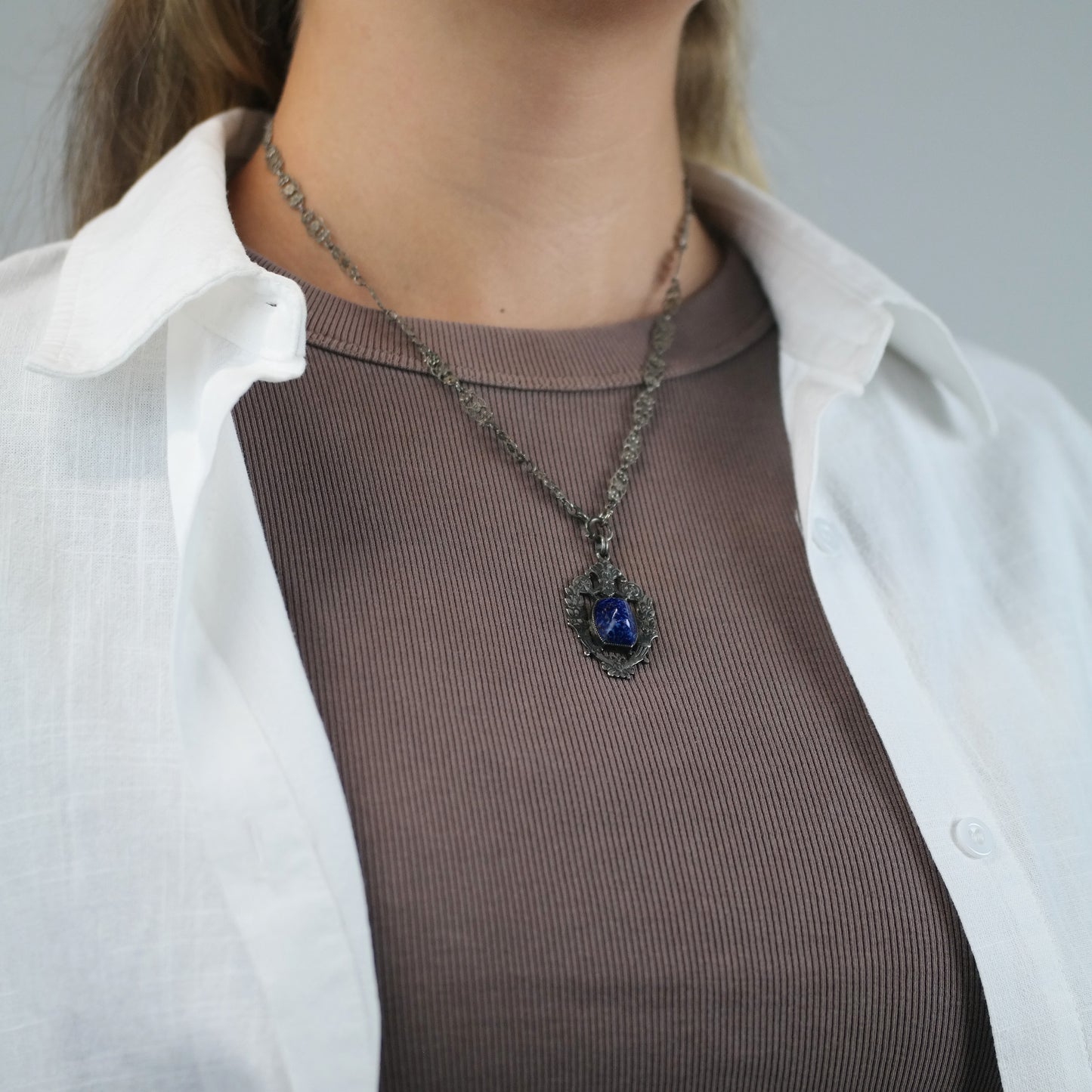Blue Art Deco Glass, Sterling Silver Necklace N2710
