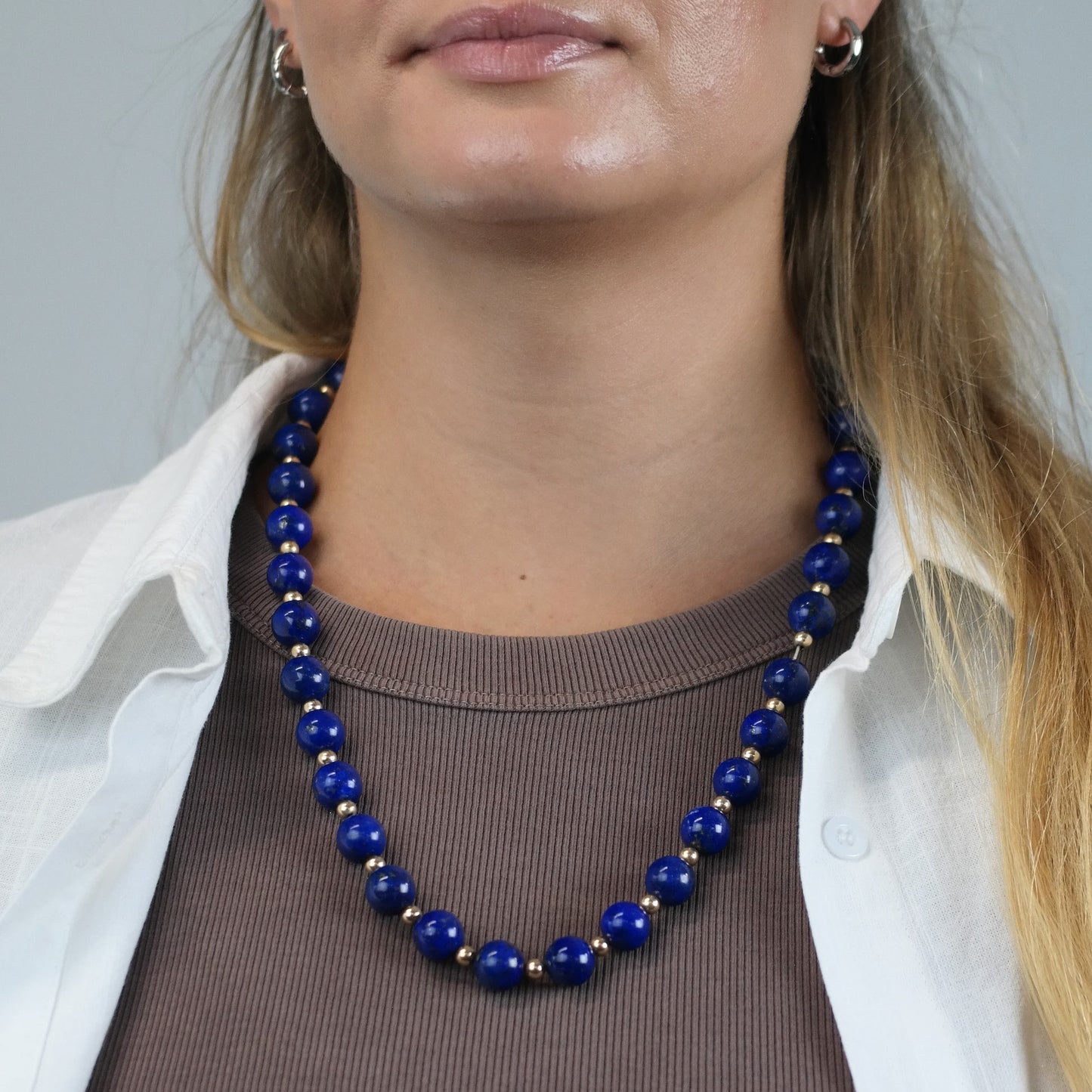 12mm Lapis Beads, 14K Gold, Sterling Silver Beaded Necklace N2704