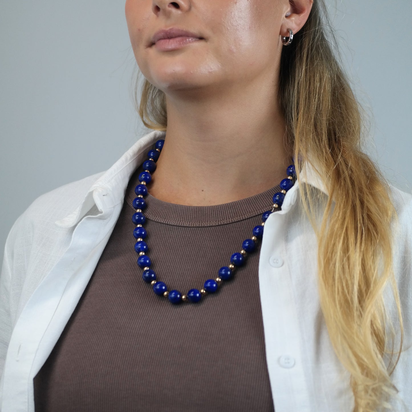 12mm Lapis Beads, 14K Gold, Sterling Silver Beaded Necklace N2704