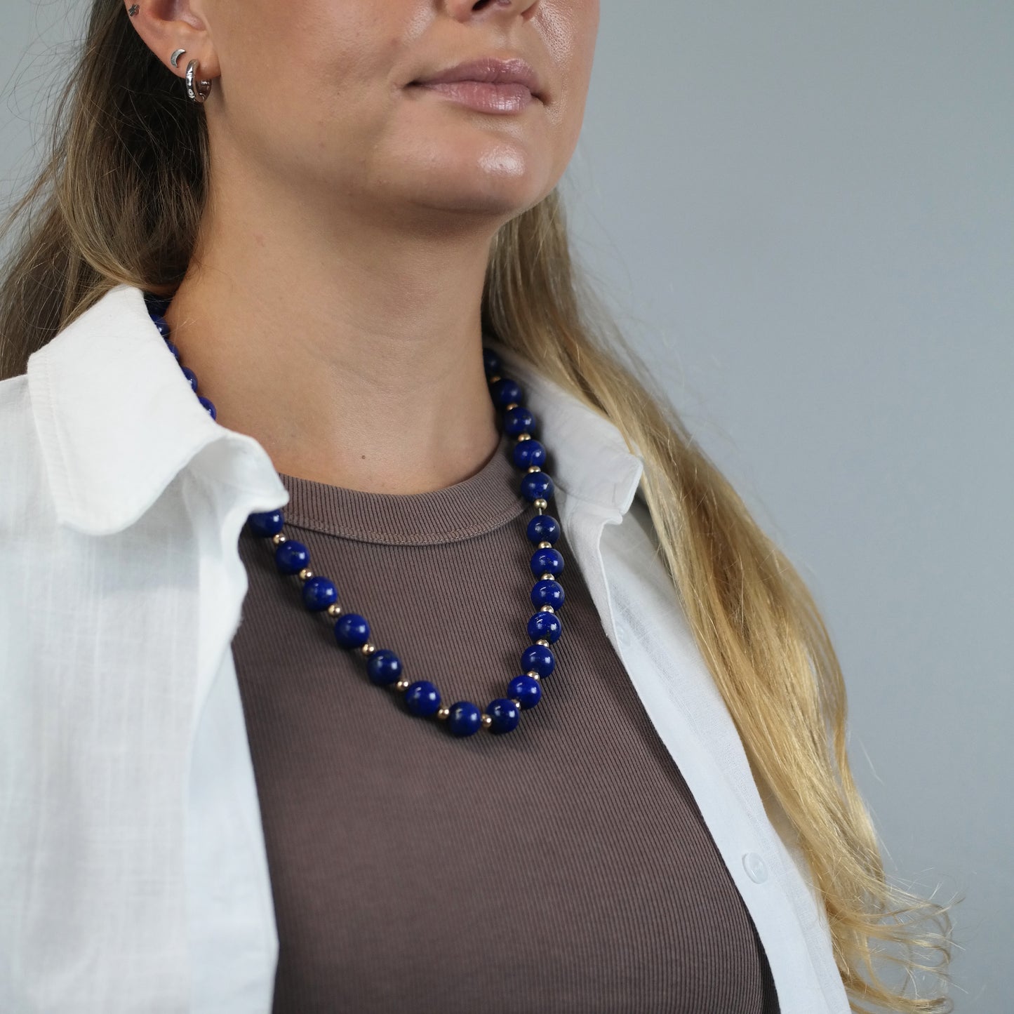 12mm Lapis Beads, 14K Gold, Sterling Silver Beaded Necklace N2704
