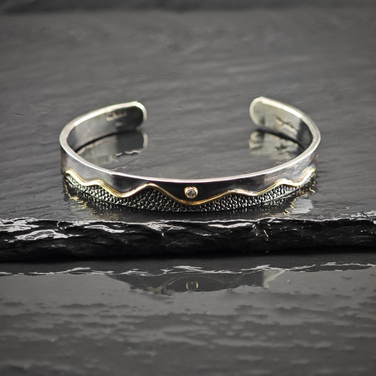 Artist Signed Diamond 14K Gold Accent, Sterling Silver Cuff Bracelet Sz 6" BR3175