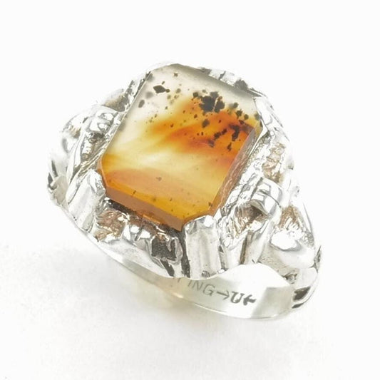 Vintage Sterling Silver Ring Dendritic Agate Orange Size 4 1/2