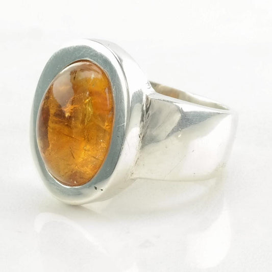 Vintage Sterling Silver Ring Baltic Amber Wide Band Orange Size 7 1/2