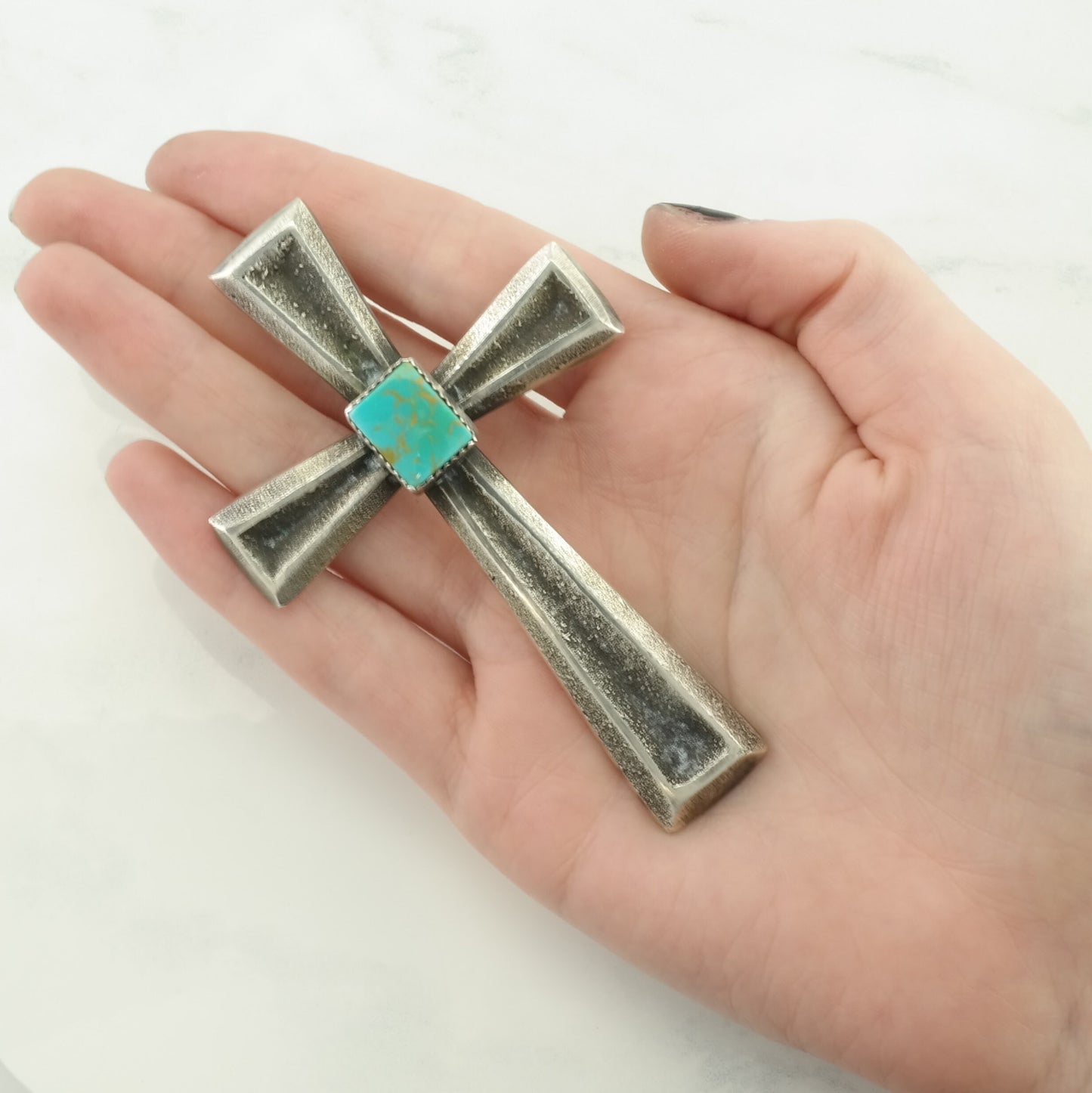 Vintage Native American Turquoise, Tufa Cast Large Cross Sterling Silver Pendant