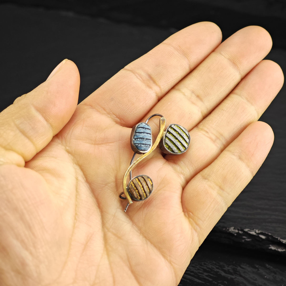 Artisan Abstract, Gold Accent Multicolor Carved Stones Sterling Silver Brooch B2253