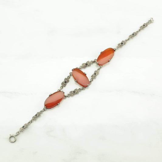 Vintage Art Deco Sterling Silver Link Bracelet Red Carnelian