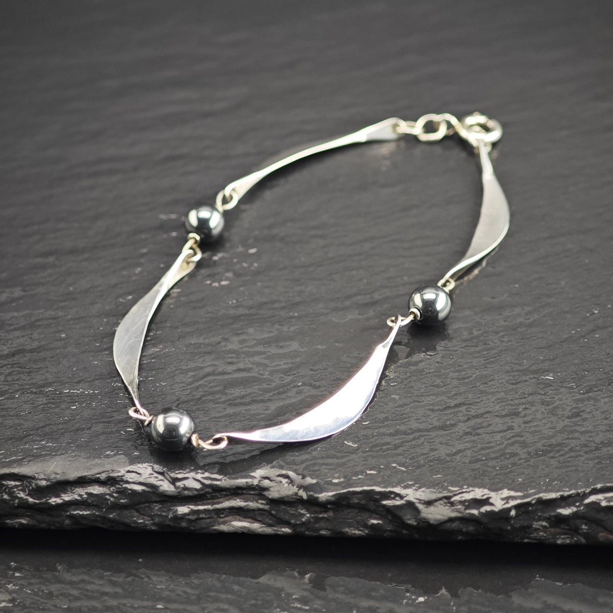 Dainty Modernist Hematite Sterling Silver Bracelet Sz 7" BR3160