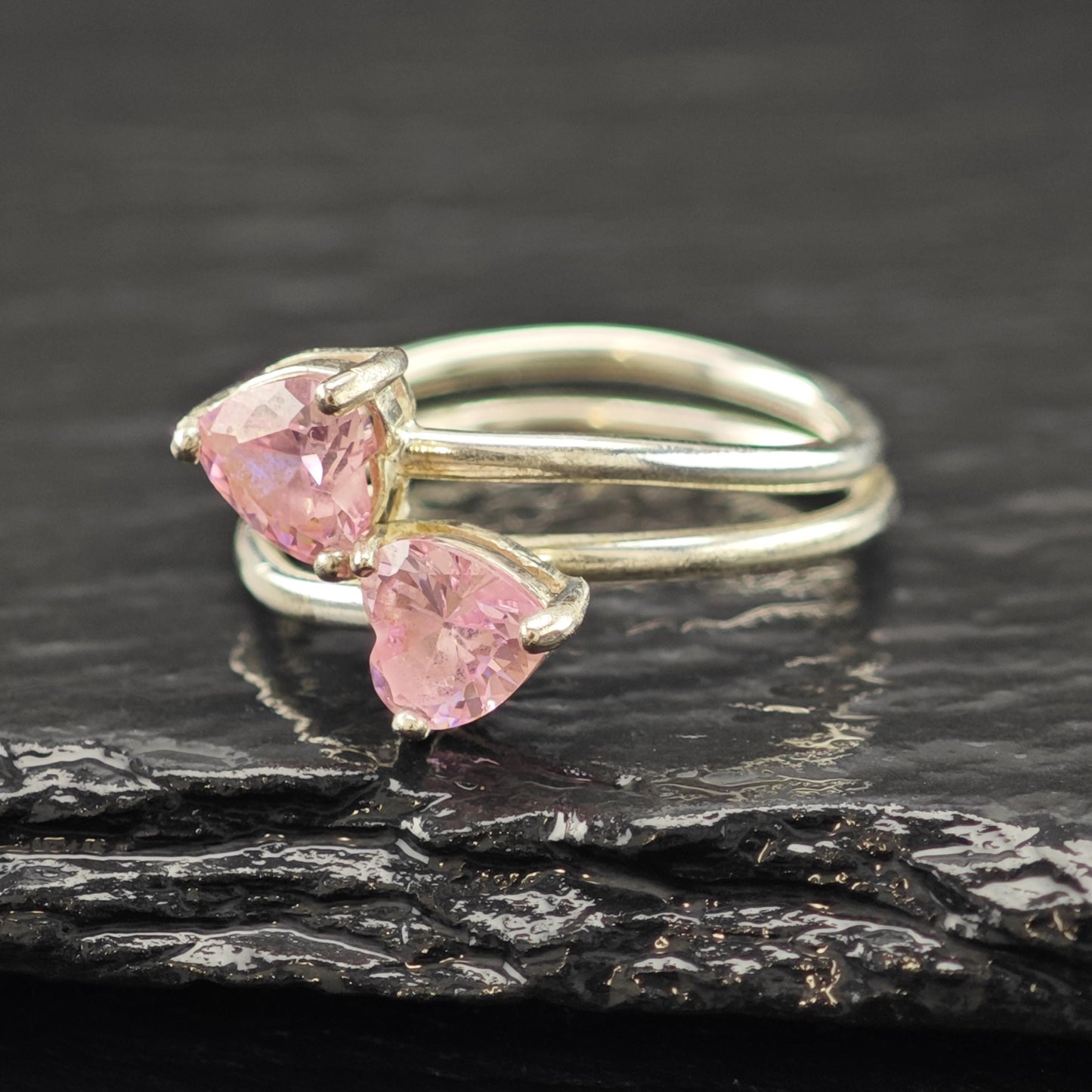 Sterling Silver Ring Double Pink Hearts Size 7 R6191
