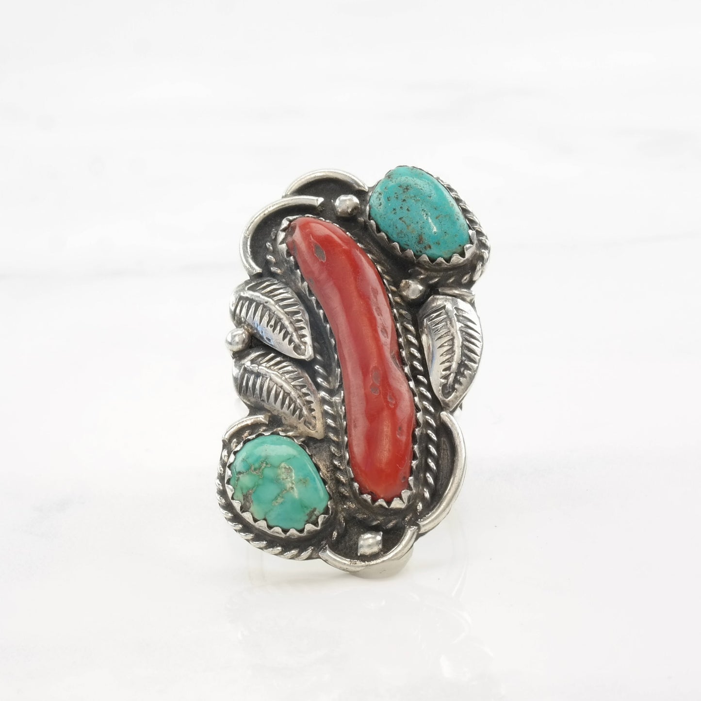 Native American Ring Coral, Turquoise Feather Sterling Silver Size 4