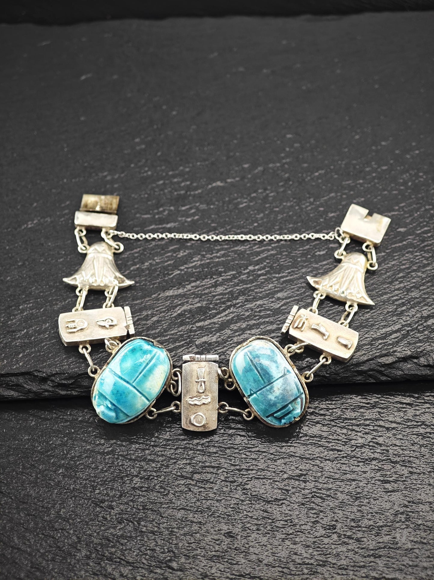 Egyptian Revival Cartouche & Carved Scarab Bracelet Sterling Silver