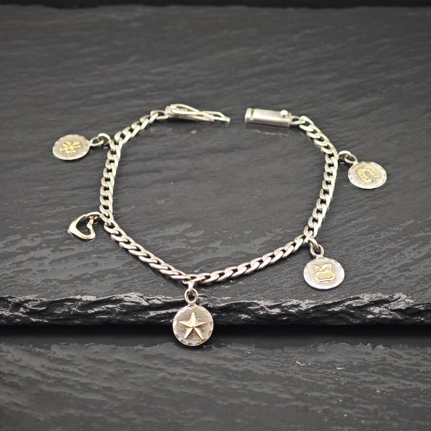 1940's Charms Bracelet 14K Gold Accents Sterling Silver Size 7 3/4"