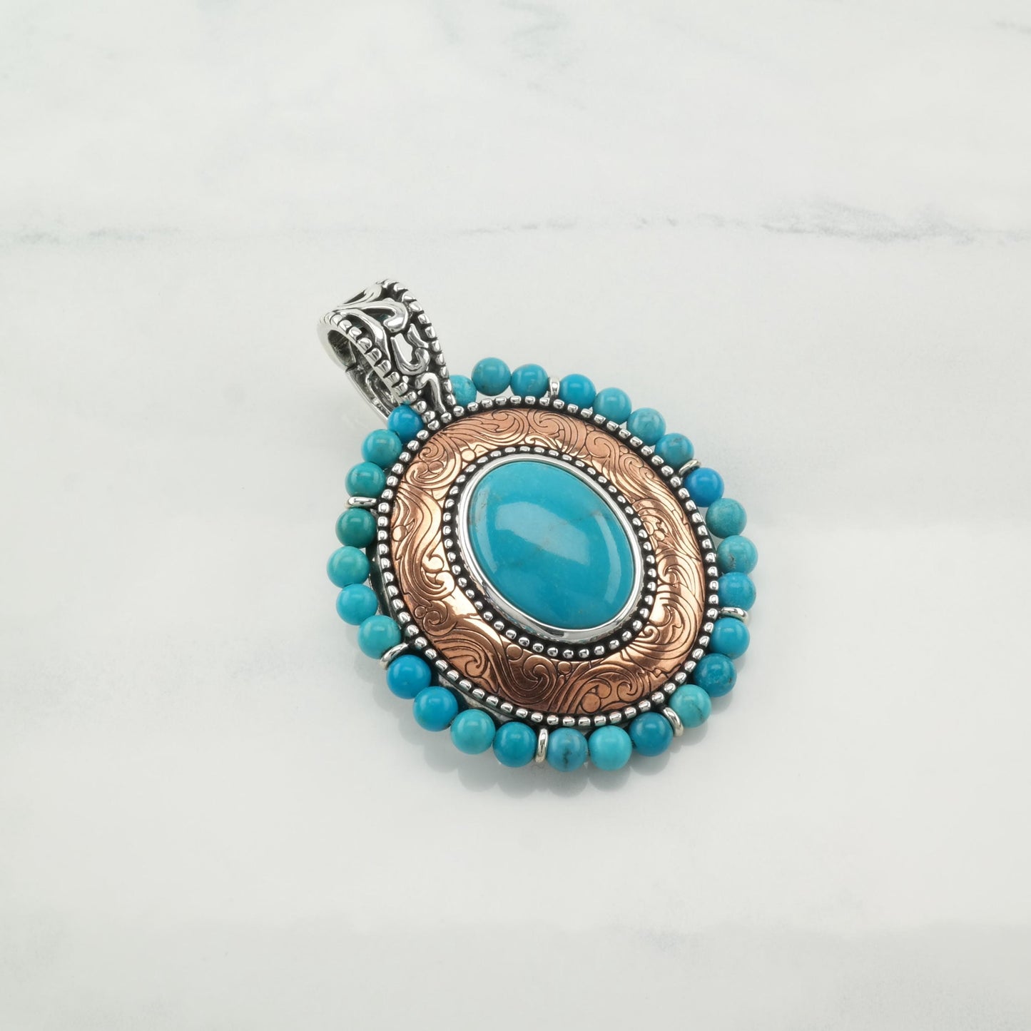 Small Dent Vintage Carolyn Pollack Turquoise Pendant Copper Filigree Sterling Silver