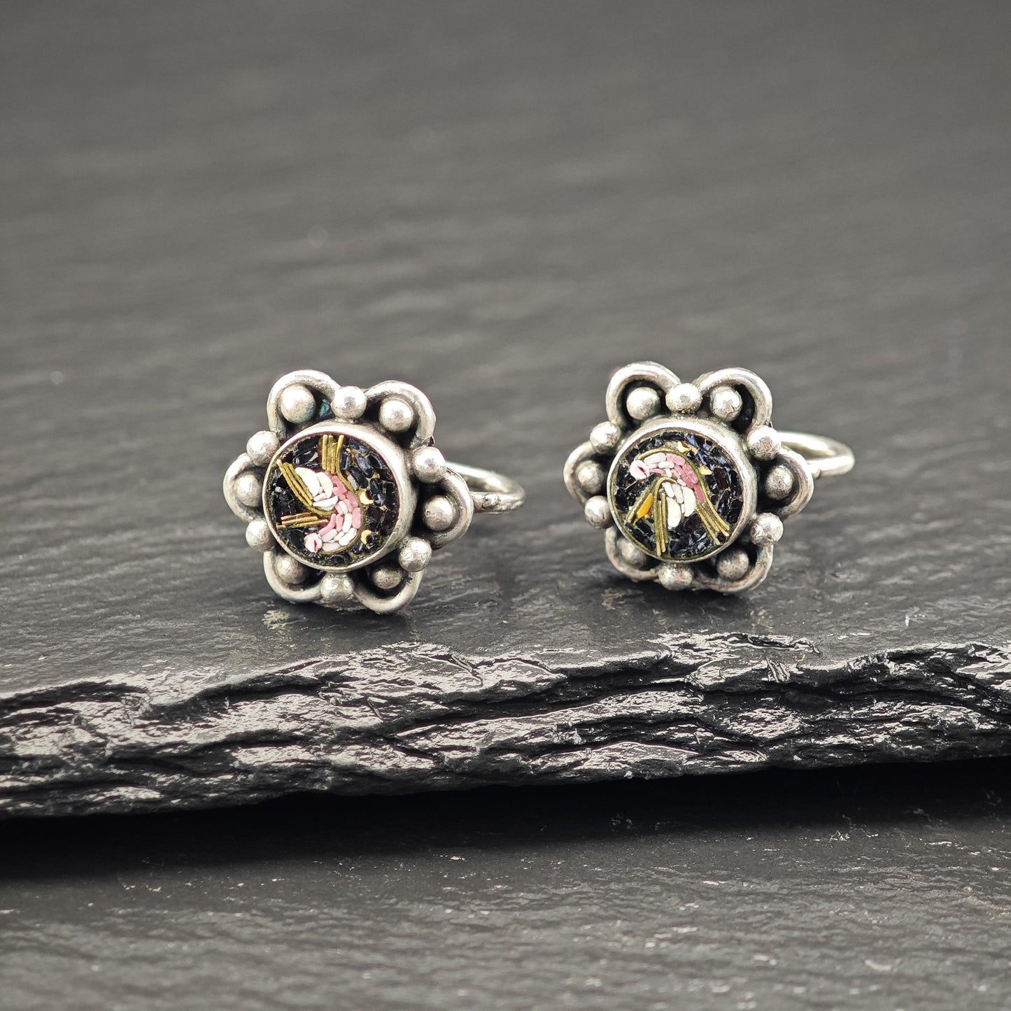 Italy Micro Mosaic Bird Screw Back Earrings Sterling Silver