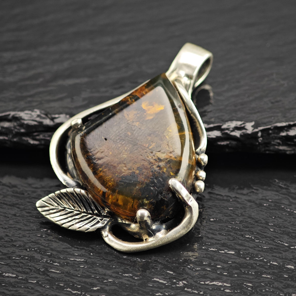 Amber Leaf Sterling Silver Pendant P3129