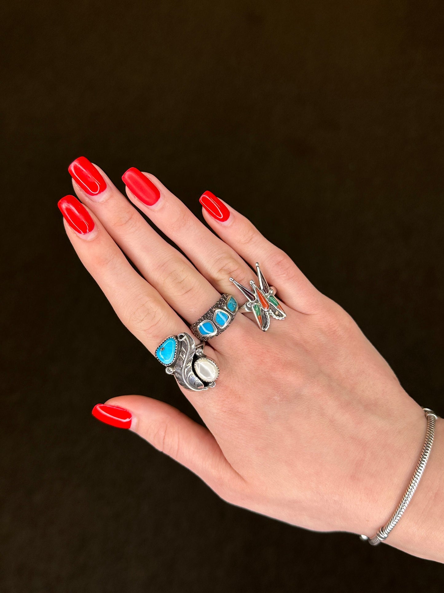 Native American Silver Ring MOP Turquoise Leaf Double Sterling Size 6 1/4