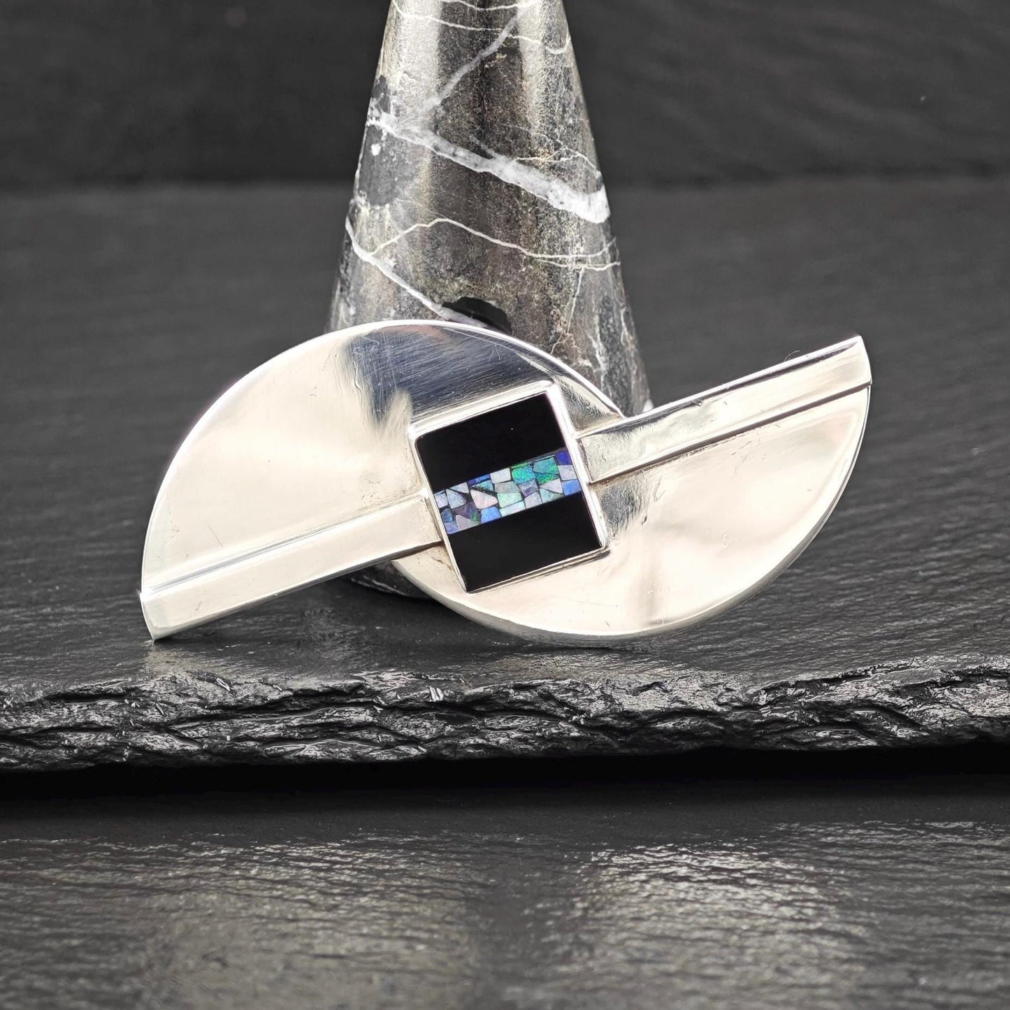 Modernist Opal, Onyx Brooch Sterling Silver