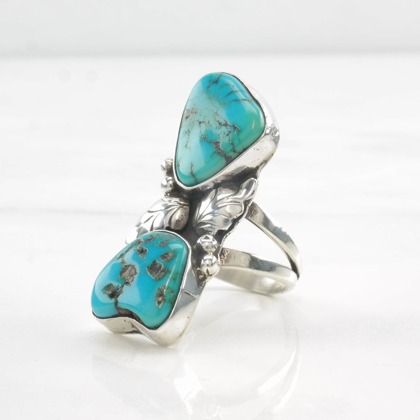 Native American Ring Two Stone Turquoise, Feather, Leaf Sterling Silver Size 7