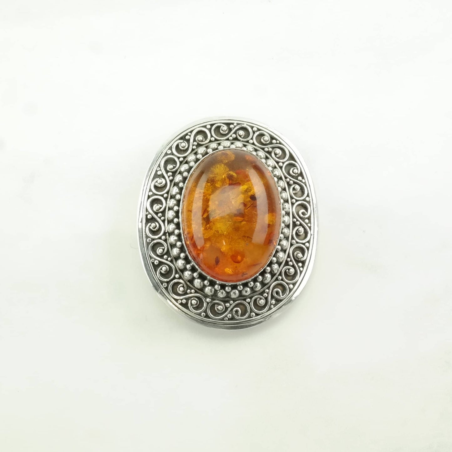 Orange Silver Brooch Pendant Filigree Amber Sterling