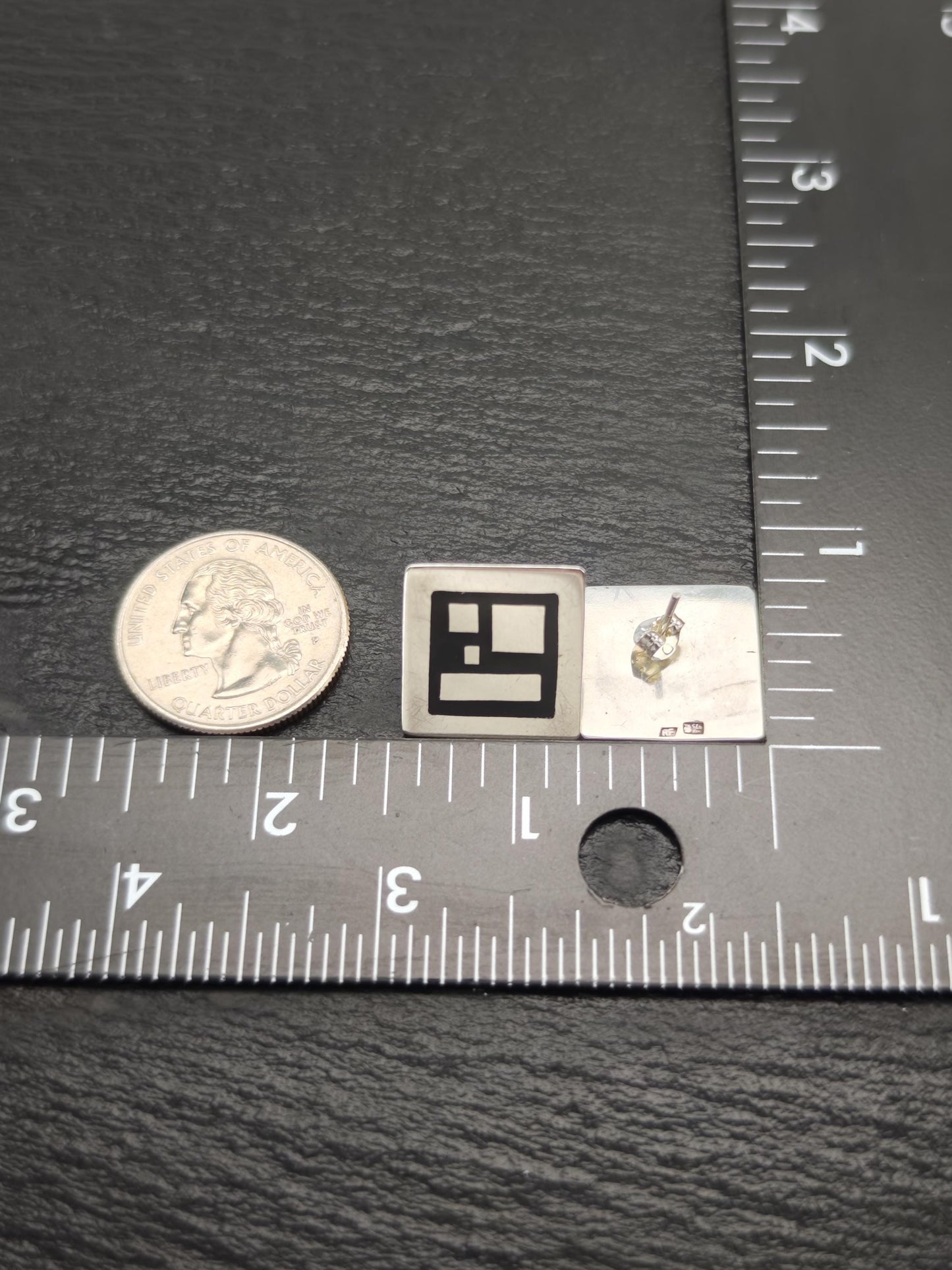 Vintage Warsaw, Poland Black Enamel Geometric Stud Earrings Sterling Silver