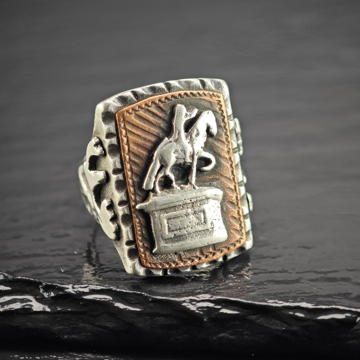 México Biker Ring Horse & Warrior Statue Sterling Silver Ring Sz 8 1/4 R6812