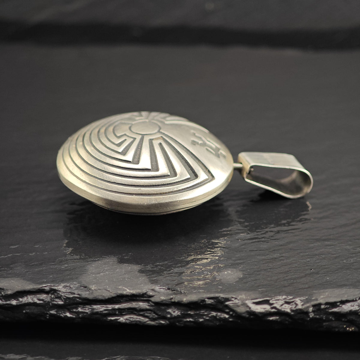 Hopi Overlay Tapuat Overlay Round Sterling Silver Pendant P3136