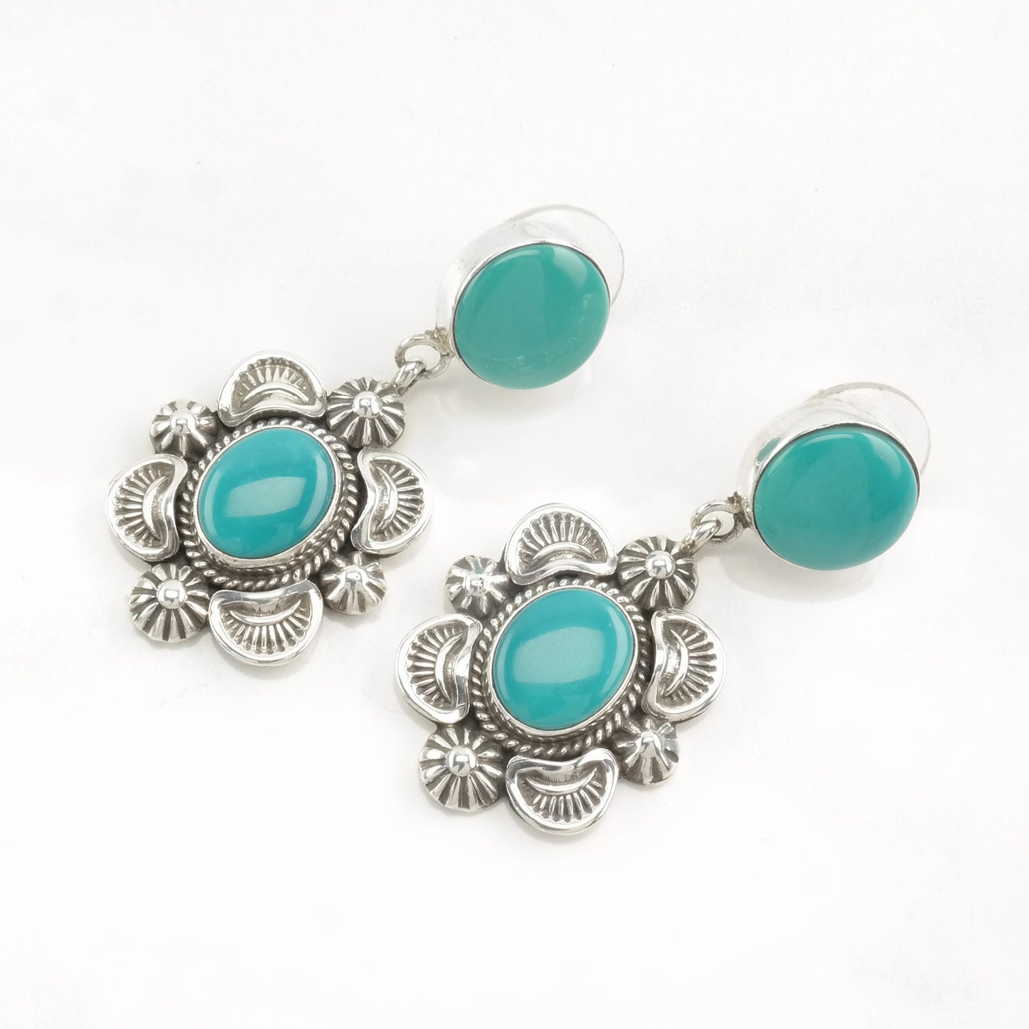 Navajo Sterling Silver Blue Turquoise Floral Earrings Stud, Dangle