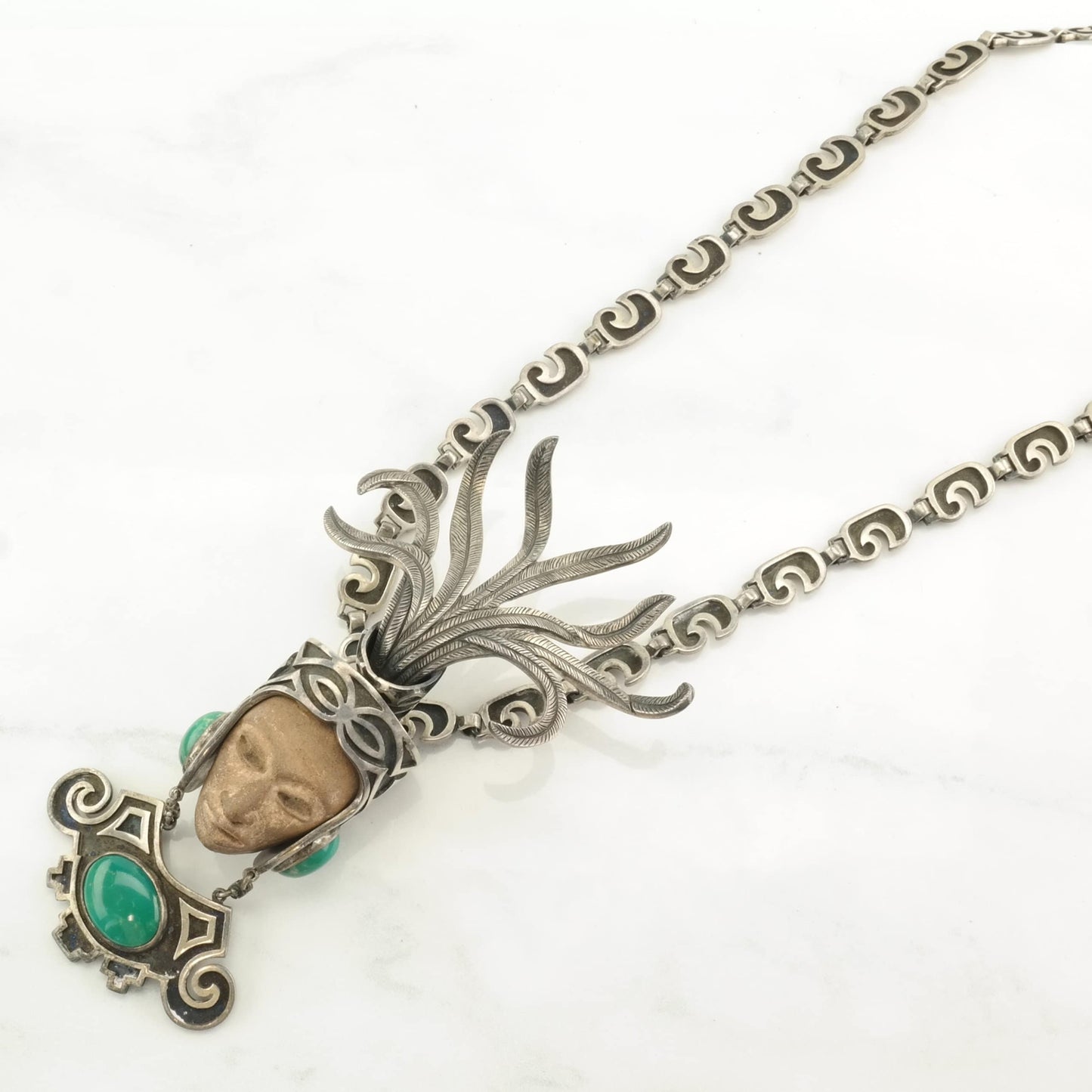 Taxco Sterling Silver Turquoise, Carved Stone Overlay, Warrior Mask Necklace