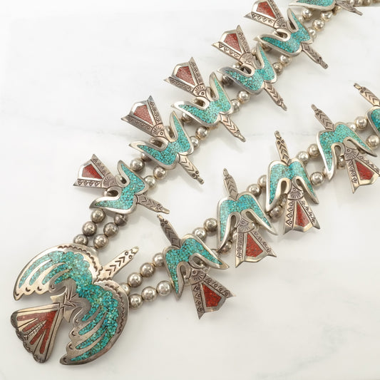 Vintage Navajo, William Singer Sterling Silver Blue, Red Coral, Turquoise Inlay, Bird Squash Blossom Necklace