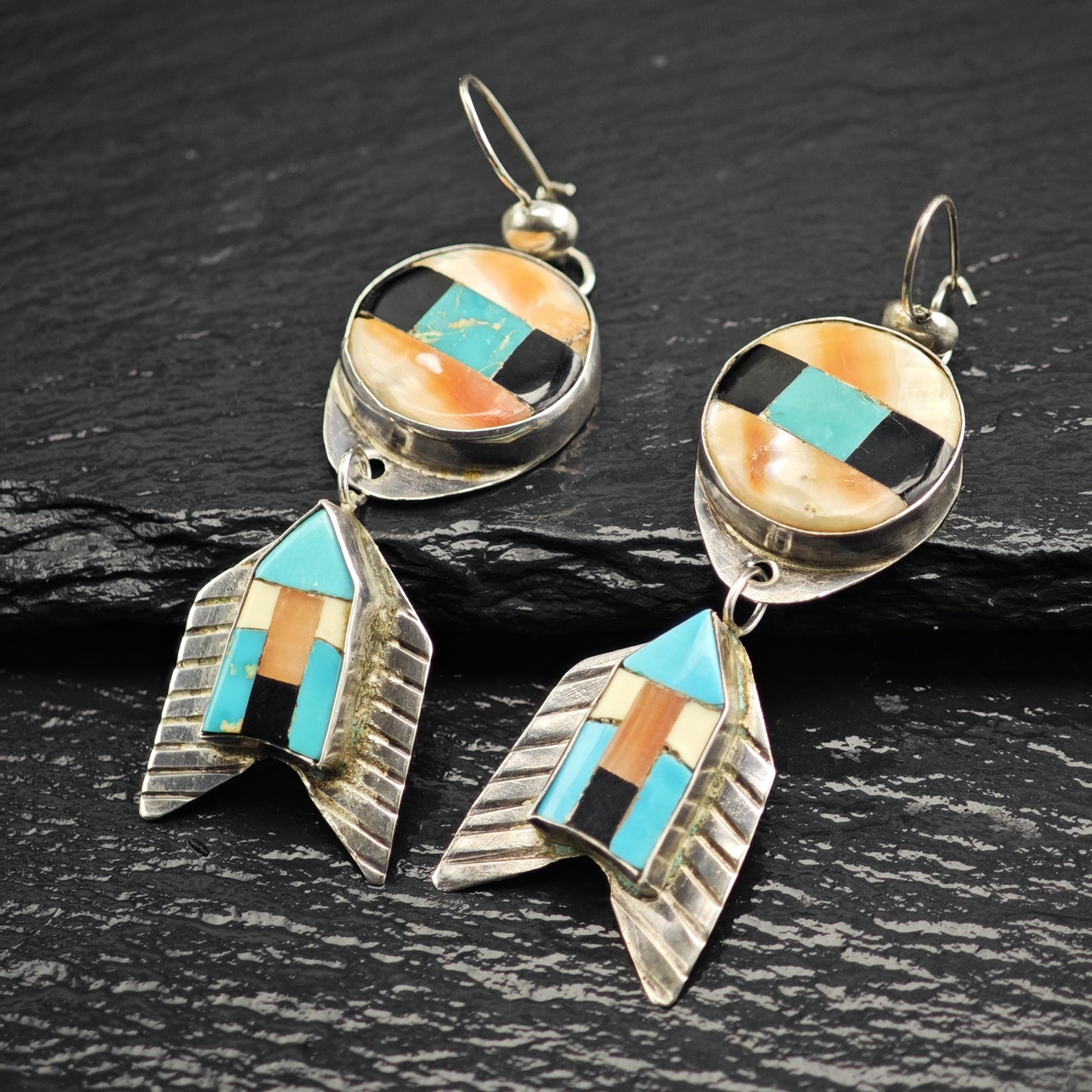 Vintage SW Style Inlay Arrowhead Kidney Wire Sterling Silver Earrings ER3198