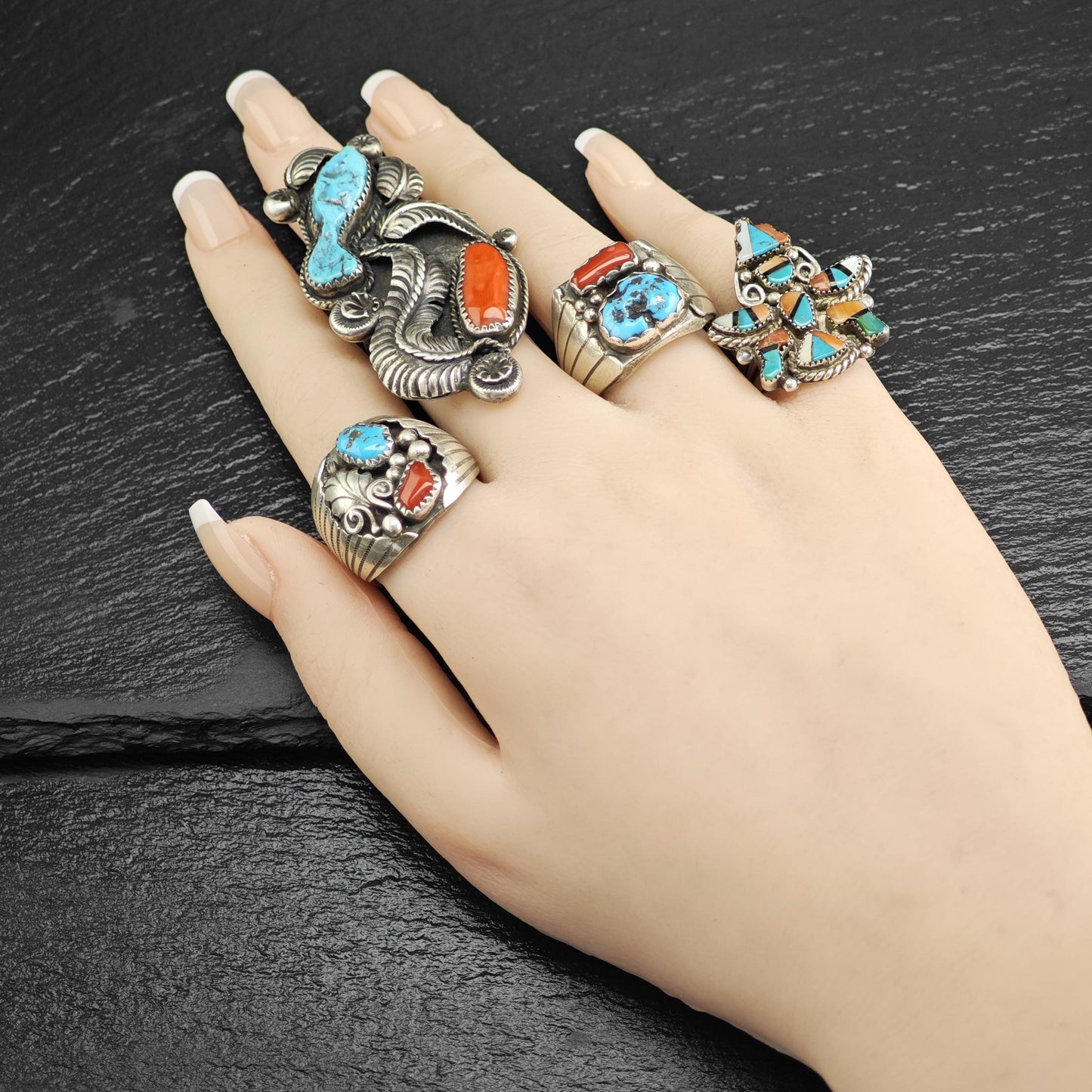 Zuni Inlay Dancer Sterling Silver Ring Sz 6 3/4 R6624