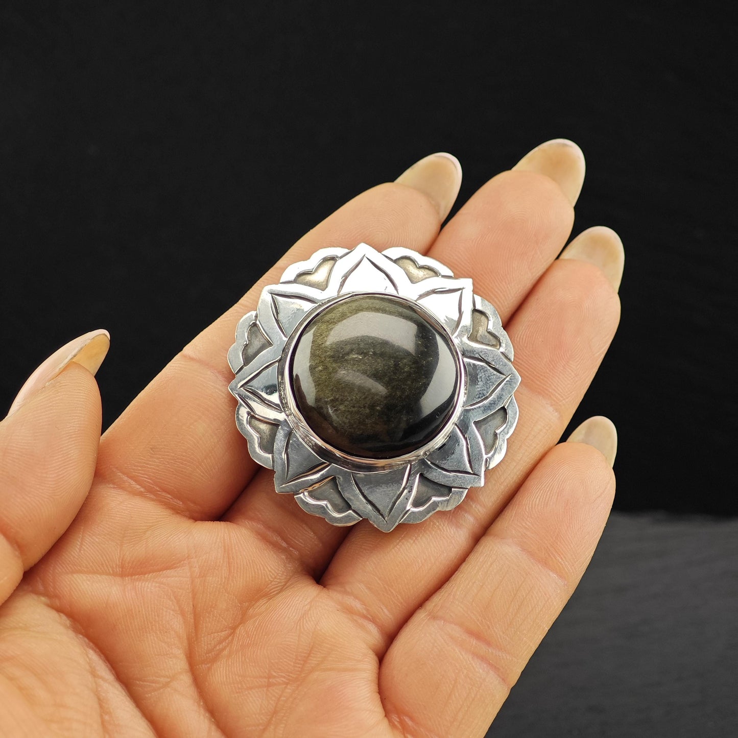 Vintage Taxco, Golden Sheen Obsidian Floral Pendant/Brooch Sterling Silver