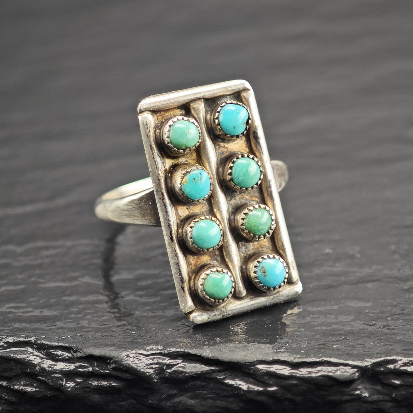 Vintage Zuni Petit Point Turquoise Rectangular Sterling Silver Ring Sz 7 3/4 R6644
