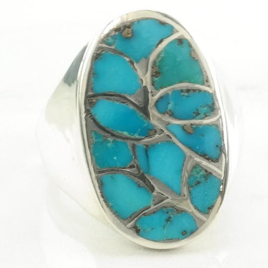 Vintage Southwest Silver Ring Turquoise Inlay, Fishscale Sterling Blue Size 11 1/4