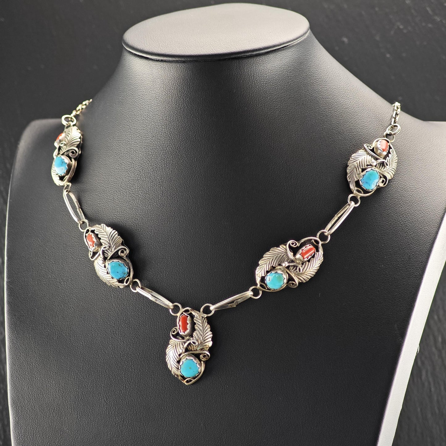 Native Sterling Silver Blue, Red Turquoise, Coral Floral, Shadowbox Necklace N2593