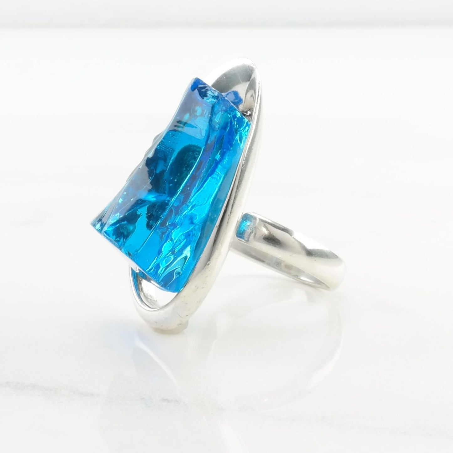 Sterling Silver Ring Crystal Modernist Bright Blue Size 8 1/2