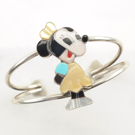 Southwest Sterling Silver MOP Turquoise Onyx Coral Inlay Mini Mouse Cuff Bracelet